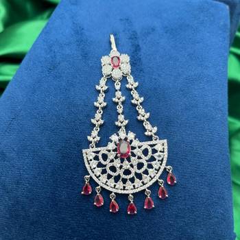 Silver-Tone Jhumar Passa with Ruby Red Stones, Cubic Zirconia Bridal Tikka 3