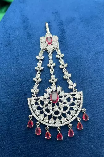 Silver-Tone Jhumar Passa with Ruby Red Stones, Cubic Zirconia Bridal Tikka
