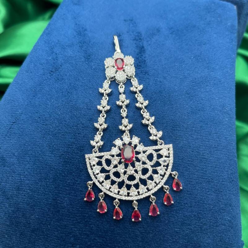 Silver-Tone Jhumar Passa with Ruby Red Stones, Cubic Zirconia Bridal Tikka