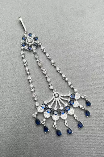 Blue Sapphire CZ Jhumar Passa | Pakistani Bridal Headpiece