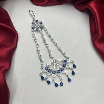 Blue Sapphire CZ Jhumar Passa | Pakistani Bridal Headpiece 3