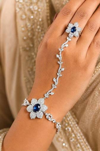 Blue Sapphire Floral Haathphool Bracelet Ring, Silver Hand Harness Bridal Jewelry