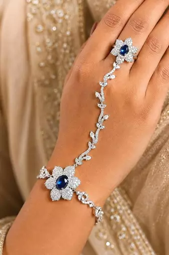Blue Sapphire Floral Haathphool Bracelet Ring, Silver Hand Harness Bridal Jewelry