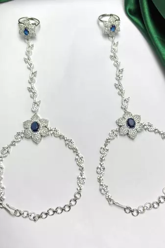 Blue Sapphire Floral Haathphool Bracelet Ring, Silver Hand Harness Bridal Jewelry