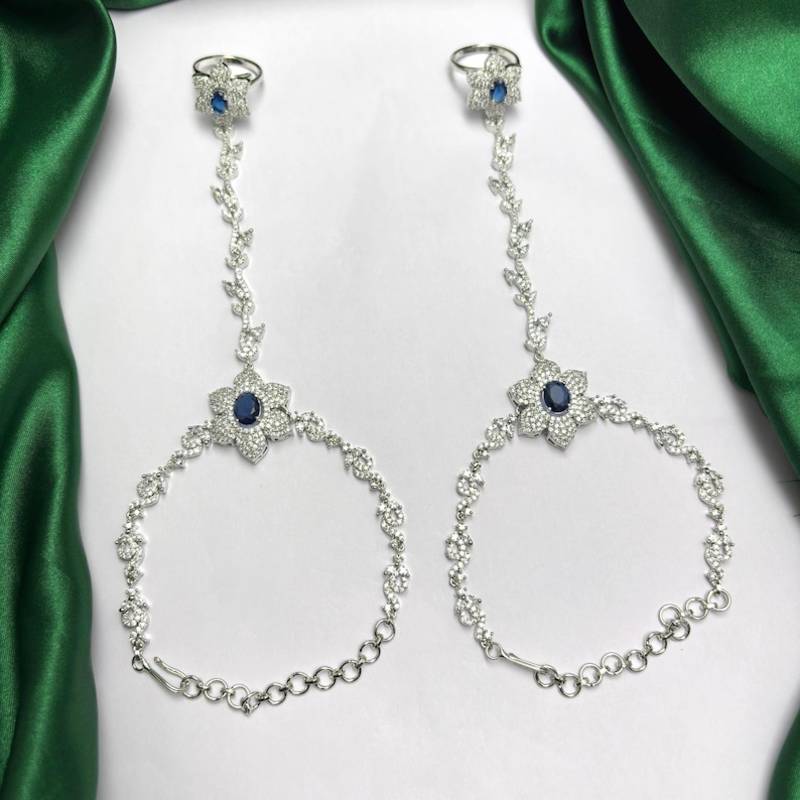 Blue Sapphire Floral Haathphool Bracelet Ring, Silver Hand Harness Bridal Jewelry