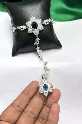 Blue Sapphire Floral Haathphool Bracelet Ring, Silver Hand Harness Bridal Jewelry