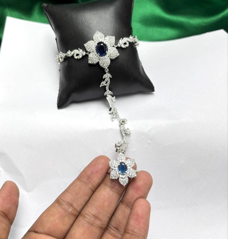Blue Sapphire Floral Haathphool Bracelet Ring, Silver Hand Harness Bridal Jewelry