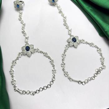 Blue Sapphire Floral Haathphool Bracelet Ring, Silver Hand Harness Bridal Jewelry 4