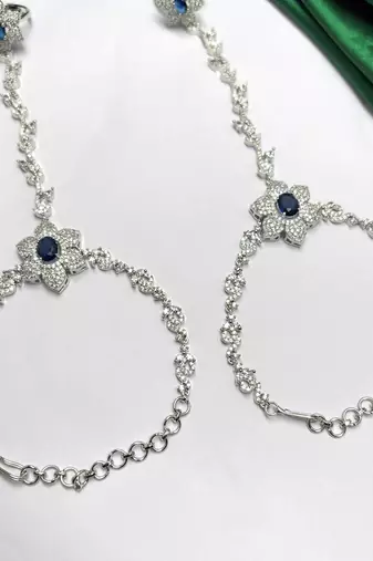 Blue Sapphire Floral Haathphool Bracelet Ring, Silver Hand Harness Bridal Jewelry