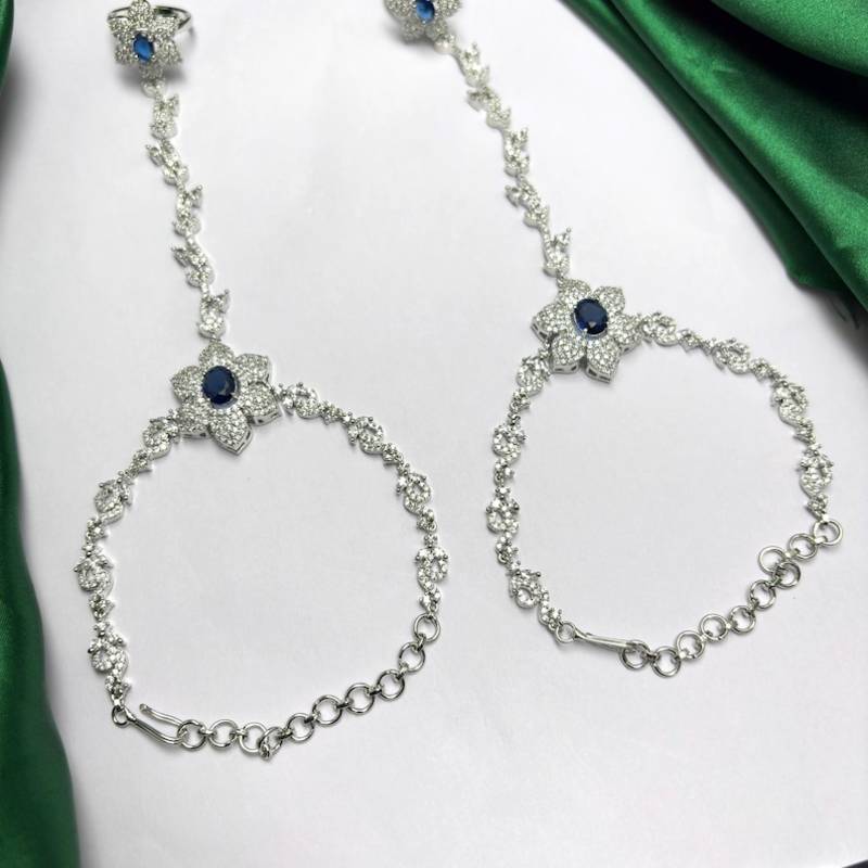 Blue Sapphire Floral Haathphool Bracelet Ring, Silver Hand Harness Bridal Jewelry