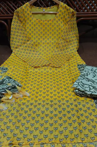 Floral embroidered u neck cotton kurta trouser & dupatta set