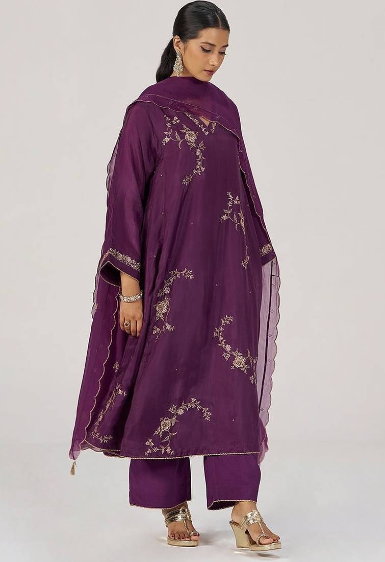 Deep plum silk festive kurta set