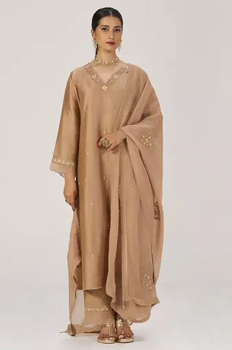 Toasted almond raw silk festive kurta set