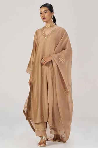 Toasted almond raw silk festive kurta set
