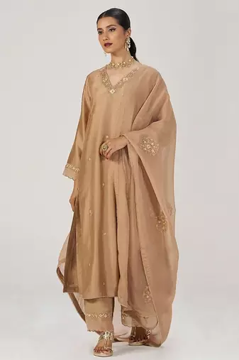 Toasted almond raw silk festive kurta set