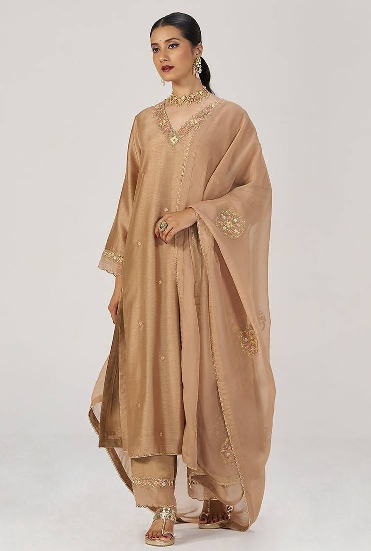Toasted almond raw silk festive kurta set