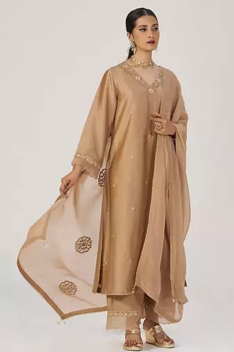 Toasted almond raw silk festive kurta set
