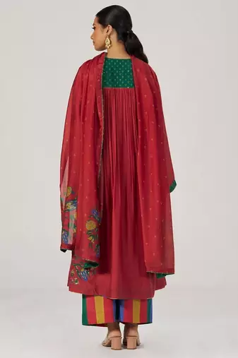 Tango red and green festive print kurta set