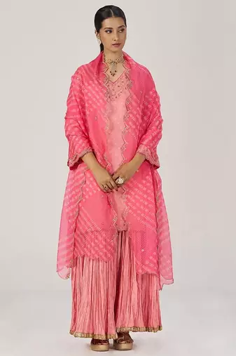 Peach blossom festive bandhani print sharara set