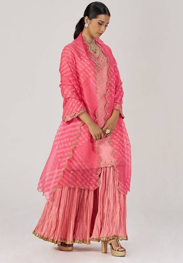 Peach blossom festive bandhani print sharara set