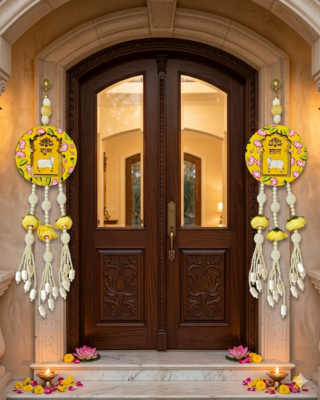 handmade lotus cow shubh labh hanging for home door diwali decor hanging (pack of 2) 1