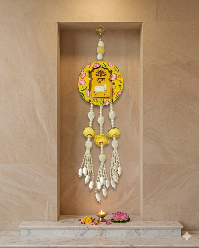 handmade lotus cow shubh labh hanging for home door diwali decor hanging (pack of 2)