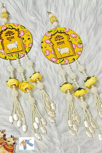 handmade lotus cow shubh labh hanging for home door diwali decor hanging (pack of 2)