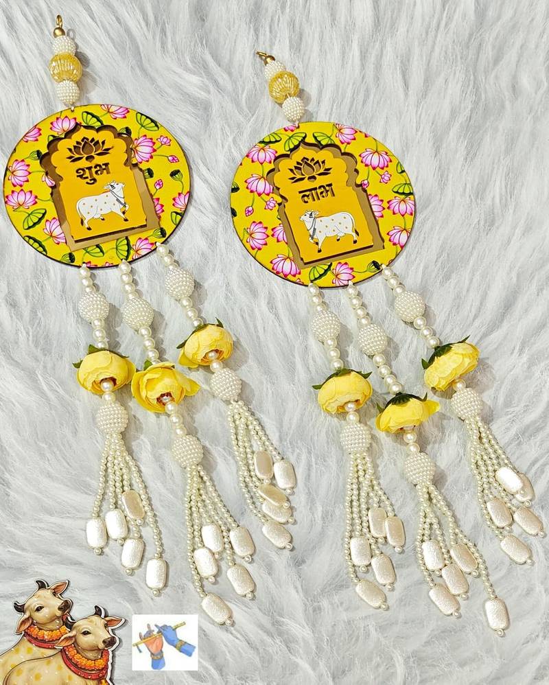 handmade lotus cow shubh labh hanging for home door diwali decor hanging (pack of 2)