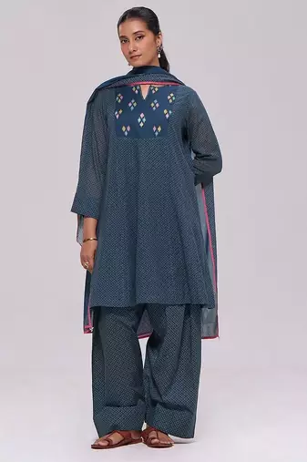 Deep blue printed mul-mul kurta set