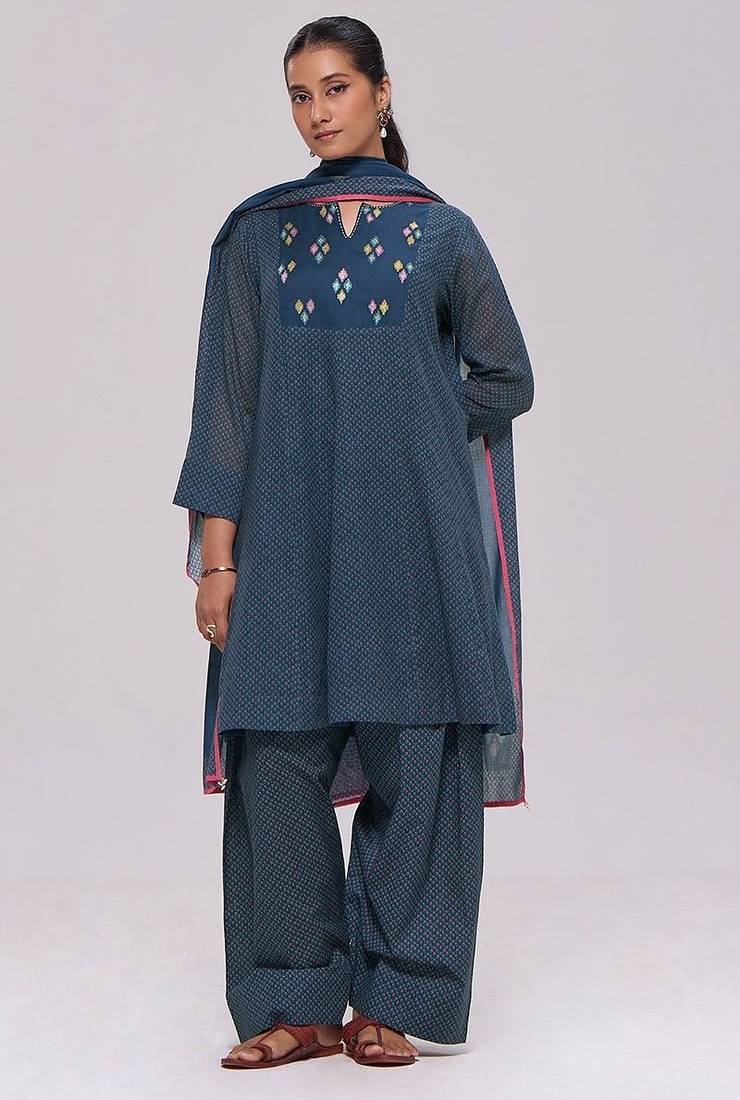 Deep blue printed mul-mul kurta set