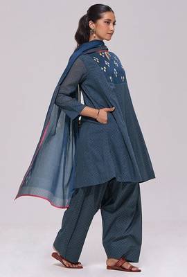 Deep blue printed mul-mul kurta set 2
