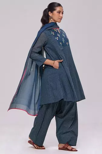 Deep blue printed mul-mul kurta set