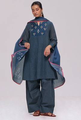 Deep blue printed mul-mul kurta set 4