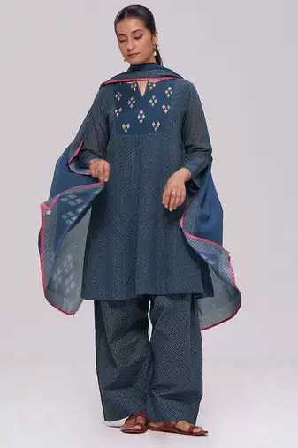 Deep blue printed mul-mul kurta set