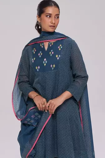 Deep blue printed mul-mul kurta set