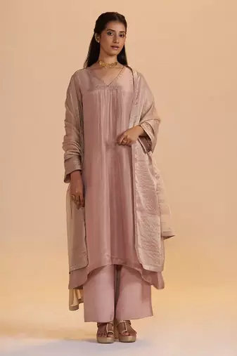 Shell pink tissue festive kurta set