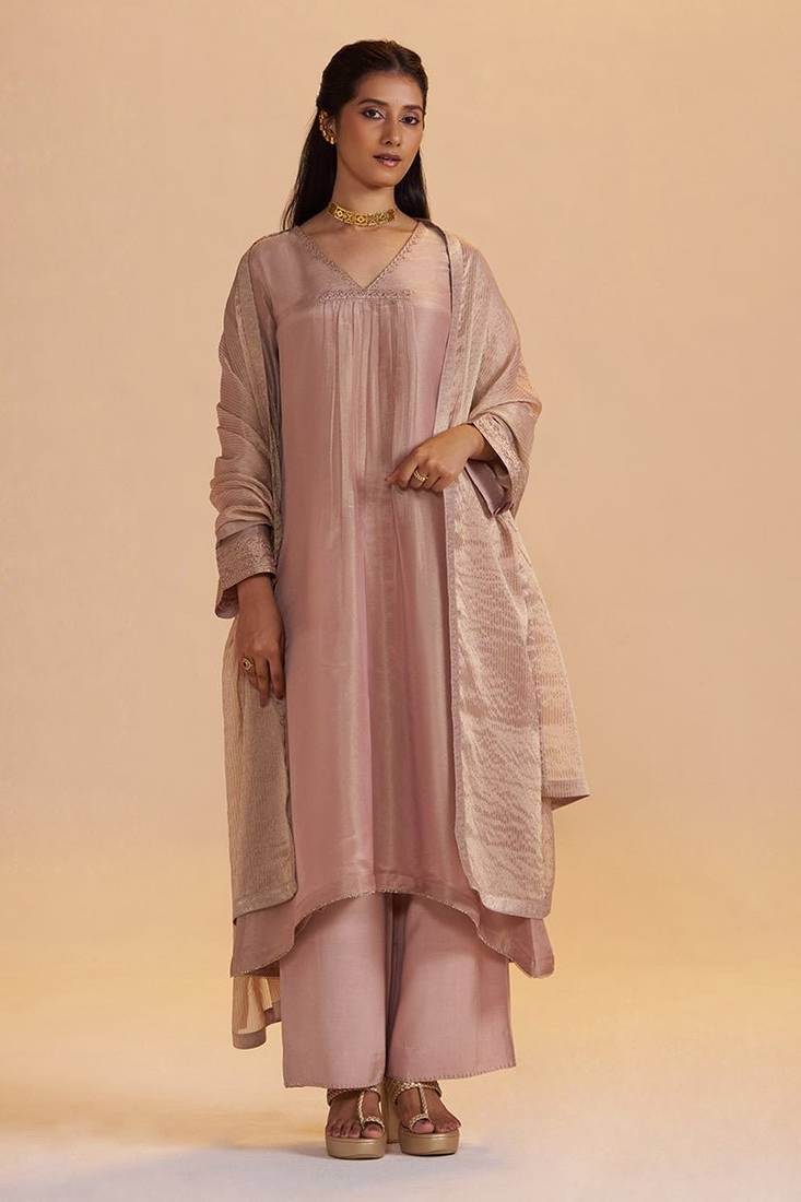 Shell pink tissue festive kurta set