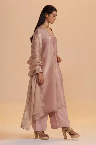 Shell pink tissue festive kurta set