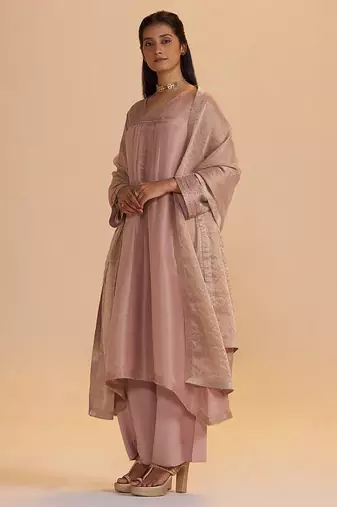 Shell pink tissue festive kurta set