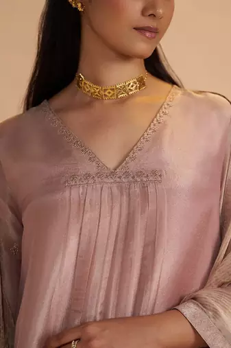 Shell pink tissue festive kurta set