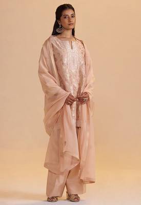 Blush peach pure banarasi jacquard kurta set 1