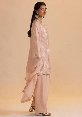 Blush peach pure banarasi jacquard kurta set 2