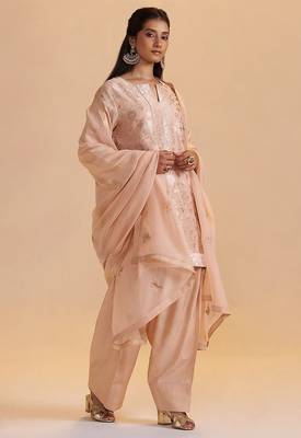 Blush peach pure banarasi jacquard kurta set 3