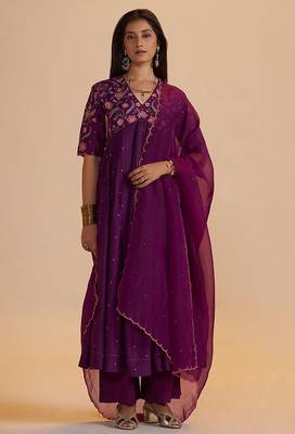 Purple raw silk festive kurta set 3