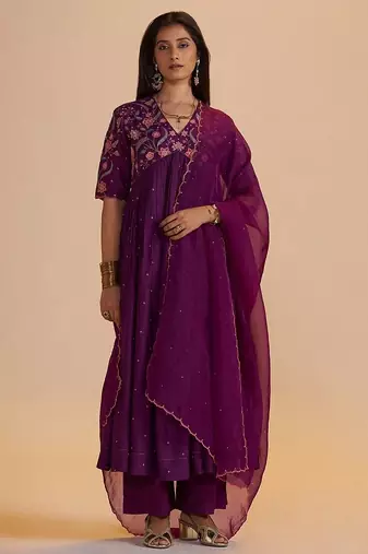 Purple raw silk festive kurta set