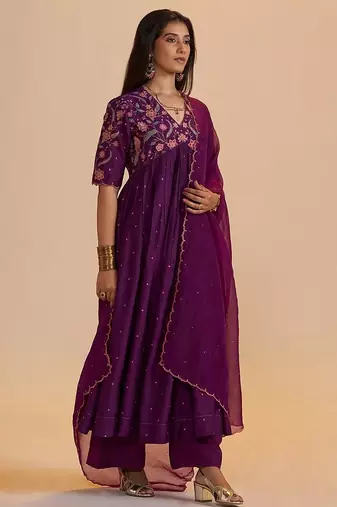 Purple raw silk festive kurta set