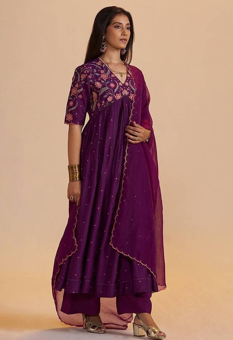 Purple raw silk festive kurta set