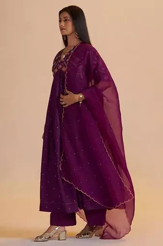 Purple raw silk festive kurta set