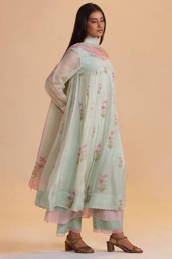 Milky pistachio green silk festive kurta set