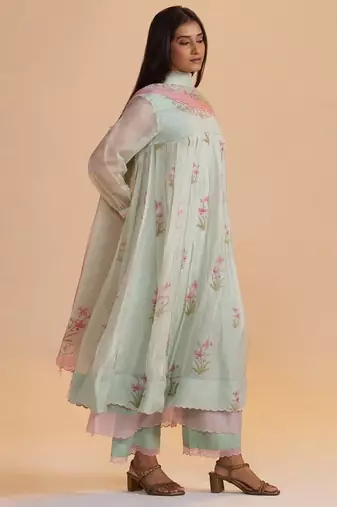 Milky pistachio green silk festive kurta set